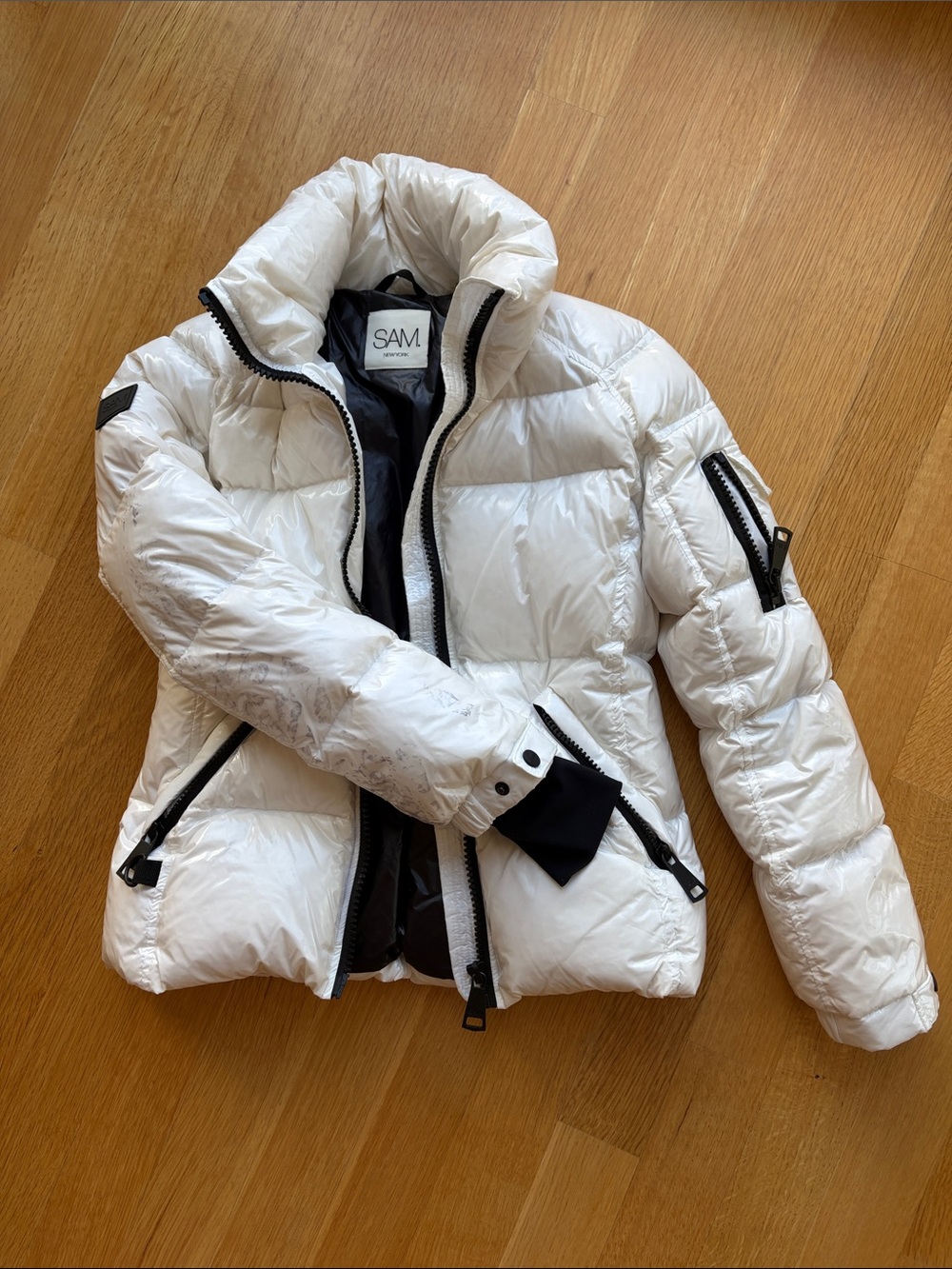 SAM. Women's White Quilted Puffer Jacket with Black Trim